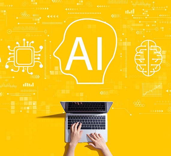 Illustration of a student writing while an AI robot with an exposed brain sits beside him.